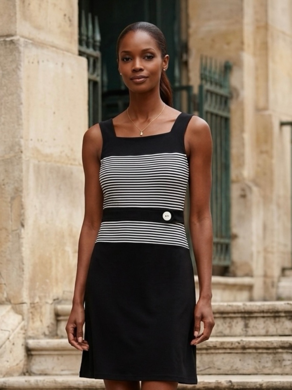 Joseph Ribkoff Classic MIDI Party Office Black White Striped Sleeveless Dress-12